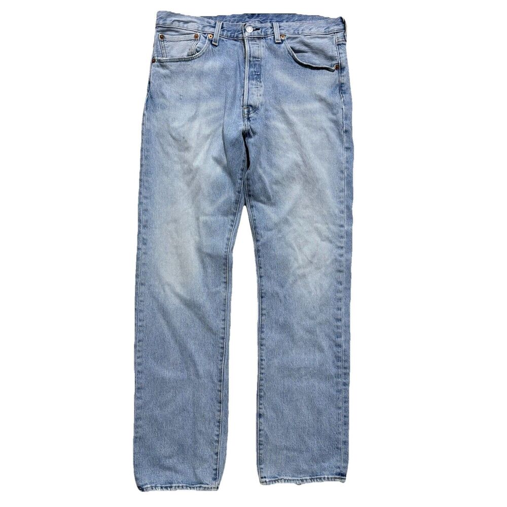 Levis 501 Jeans Mens Sz 34x32 Light Blue Straight Leg Button Fly Stretch Denim